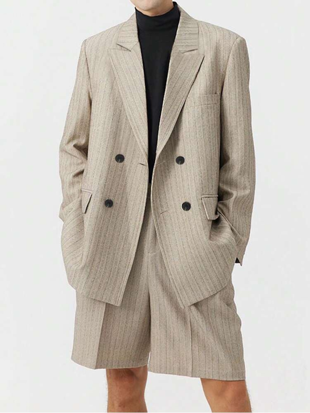 Manfinity Hypemode Men Striped Print Double Breasted Blazer & Shorts Set M